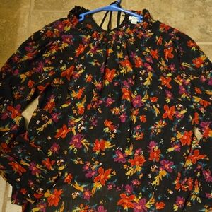 J. Crew Factory Black Blouse with Colorful Floral Pattern